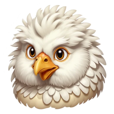 Cinematic Adorable Fluffy White Chicken Portrait Emoji, Standing proudly with soft, ruffled white feathers, round and plump with a gentle expression, bright and curious eyes, slightly puffed chest, detailed texture with a soft glow, high shine, warm and friendly, stylized with a charming simplicity, bright and endearing, soft glowing outline, capturing the essence of a cheerful farmyard companion, so lively it feels like it could cluck and strut at any moment! sticker