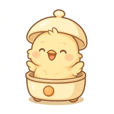 chibi style soft fluffy chick popping out of an egg cooker lid, smiling brightly, soft yellow palette, full-body sticker