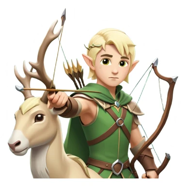 clash-of-clans-aesthetic-blond-male elf-archer-portrait-emoji, rendered in a flat, vector-style with minimal shading and bold holding his bow, simplified shapes, head tilted slightly forward with a determined, focused expression, riding a majestic white stag whose antlers glow with mystical energy, set against an ancient, enchanted forest backdrop. sticker