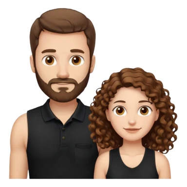 Criar Casal - Homem branco de cabelo liso e olhos marrom, com barba, expressão séria usando camiseta polo preta e mulher de pele branca cabelo cacheado marrom longo e olhos mel, usando uma regata fina branca, quero ela sorrindo sticker