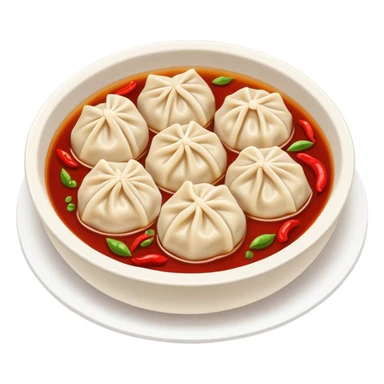Chongqing Zhong Dumplings with red chili oil sauce, simplified emoji style with bold outlines and bright colors, cartoon style Sichuan spicy boiled dumplings sticker