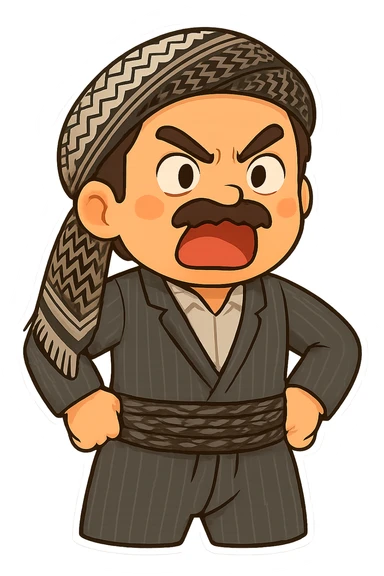 Cartoon sticker of a Kurdish man with the exact same clothes and scarf as the reference image, no changes to clothing or scarf. Face showing anger and rage. Hands on hips and body slightly leaning forward as a sign of protest or argument. Colorful and cheerful style, no shadows or color halos around the image, no text. Suitable for WhatsApp and Instagram, with a completely transparent background. sticker