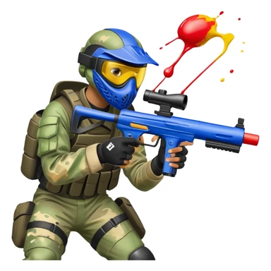 A paintball player in full gear, aiming a paintball gun with focus and determination. The scene includes vibrant splashes of paint and a dynamic battlefield setting, emphasizing action, strategy, and teamwork in a competitive environment sticker