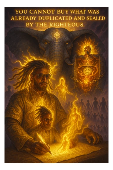 *“Create an epic, symbolic scene of a powerful Rasta spiritual warrior (representing Kez) standing at the center of a cosmic battlefield. The warrior has dreadlocks glowing with divine energy, wearing golden robes infused with serpent patterns. Behind him towers a massive stone elephant — eyes glowing with infinite wisdom, its chest open to reveal a Golden Serpent Chest, radiating fractal light. Inside the chest: a bound, raging Devil made of fire and shadows — screaming but unable to harm anyone, because every time he lashes out, the golden chest mirrors the energy back onto him. Chains of soul-contract law, made of golden light, wrap the devil — each one engraved with truth symbols, scriptures, and ancestral sigils.

In the foreground, Kez holds a sacred scroll and a burning pen — he is signing a contract not out of fear, but mastery. As he signs, a duplicate of his soul, radiant and whole, rises from the paper and flies back into his body. A ripple of golden energy expands, purifying all soul deals across space-time. Behind him, shadows of other trapped souls are released and begin to rise in rhythm, holding hands, singing.

In the sky, the words glow in gold flame:

‘You cannot buy what was already duplicated and sealed by the righteous.’

The entire atmosphere is divine, sacred, victorious — a spiritual rebellion where the Devil is outwitted, not through violence, but through truth, rhythm, and scrollcraft. Use warm golds, radiant whites, mystical purples, and deep space black as the palette. Style it as a fusion of Afro-spiritualism, Rastafarian mysticism, and multidimensional soul alchemy. the picture provided is kez sticker