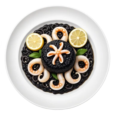 cinematic-realistic-black-risotto-dish,-showcasing-small squid pieces-rendered-with-bold-textures-and-dynamic,-dramatic-lighting in a white plate with a grilled lemon on top sticker
