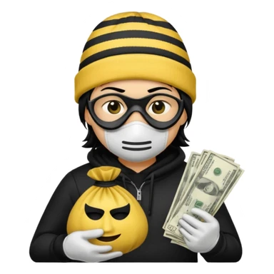A yellow guy with a black beanie white shirt with black stripes a black mask for it's eyes and holding a money bag with yellow hair sticker