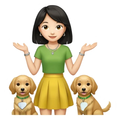 The upper body of a fair-skinned Asian girl. Wearing a yellow-green round-neck skirt, a thin silver necklace, medium-length hair, long black and straight hairstyle, slightly curly hair, smiling, holding a golden retriever, and five fingers on both hands. sticker