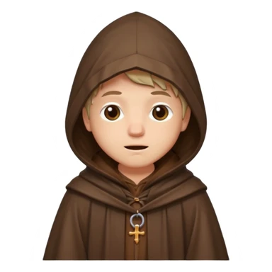 vorrei un piccolo buffo pellegrino medievale con abito e cappuccio marrone sotto la pioggia in stile stickers  sticker