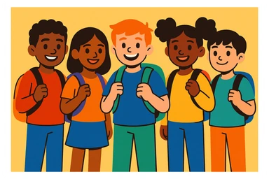 group of 5 diverse school students standing together smiling wearing backpacks vibrant toon style sticker