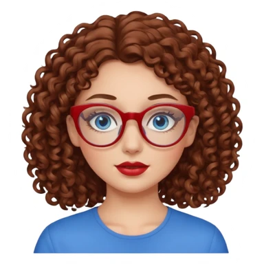 White girl with brown curly hair blue eyes red glasses and makeup sticker