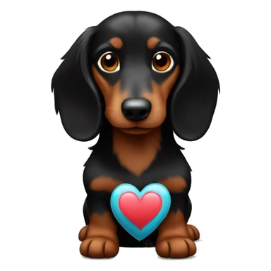 black and brown long haired daschund hugging a heart sticker