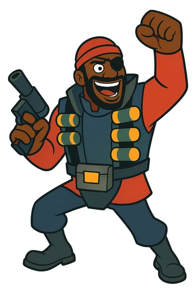 Demoman from Team Fortress 2, wearing his signature eyepatch and explosives vest, stylized as a vibrant cartoon character, energetic pose sticker