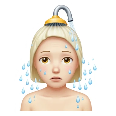 A human showering with a depressed face sticker