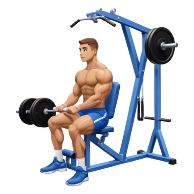 side-view bodybuilder in blue shorts seated weighted calf-raise machine on his tip toes sticker