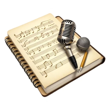 Create an emoji representing songwriting. The design should feature an open notebook or sheet music with visible lyrics between the musical notes, symbolizing the process of writing song lyrics. The text between the notes should be clearly visible. A pen or pencil should be placed near the notebook, indicating active writing. Optionally, include a single vintage microphone lying beside the notebook (not on the music notes) to add a creative touch. Use a harmonious color palette with warm and neutral tones. Do not include any emojis or smiley faces. Make the background transparent. sticker