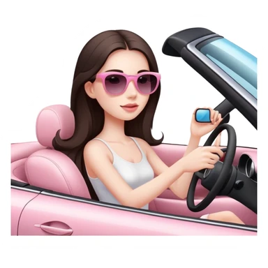 Pretty girl with very long dark brown hair and pale skin wearing sunglasses driving convertible car with light pink interior. She is wearing a white top. In the style of apple emoji sticker