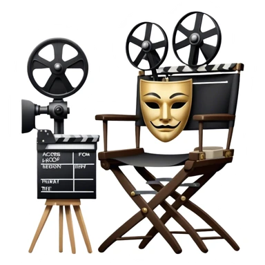 Icon for Acting: a theatrical mask, stage lights, a director’s chair, a script, a movie camera and a clapperboard, representing the craft of acting in theater and film. Famous actor-star. The design should reflect creativity, performance, and storytelling. Transparent background. sticker