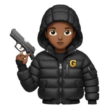 african american wearing a black puffer jacket with the hood on and holding a glock 26 sticker