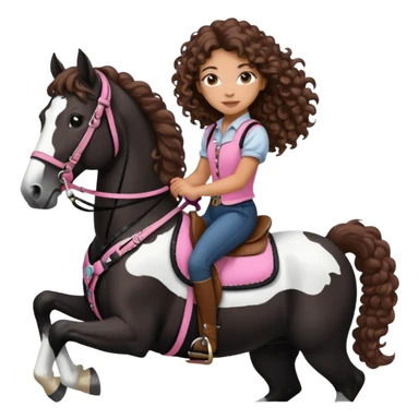 Realistic mixed race girl with long curly hair, riding a big black and white draft horse, wearing pink harness and saddle  sticker