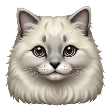 Cinematic Adorable Fluffy Grey Seal Ragdoll Cat Portrait Emoji, Head tilted gracefully with large, sparkling eyes, soft grey fur with darker seal points on the ears, face, and paws, Simplified yet majestic features, highly detailed, glowing with a soft, warm glow, high shine, calm and affectionate, stylized with a touch of elegance, bright and endearing, soft glowing outline, capturing the essence of a regal and loving kitty, so serene it feels like it could glide across the screen with its dignified presence! sticker