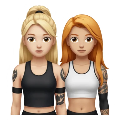 girl with long blonde hair and black tattoos next to a an athletic ginger girl sticker
