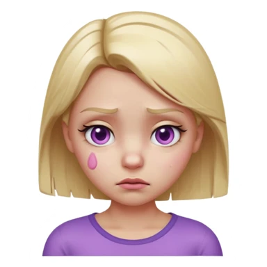 Blonde girl emoji, head and slight shoulders visible, one eye bruised pink and slightly swollen (cartoon black eye), soft pink-purple bruise shading around eyelid, cute but annoyed expression, glossy smooth 3D emoji render, centered composition, clean lighting, white or transparent background. sticker