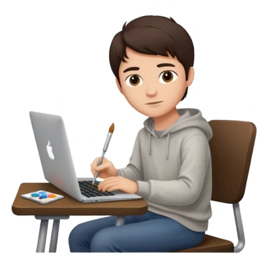 boy working in Macbook, he is graphic designer and paint artist, he seat front side and hair dark brown color sticker