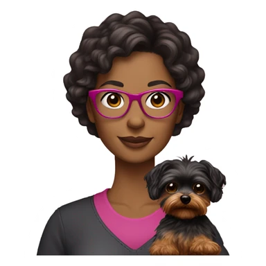 40 years old woman with dark brown long hair ,slidly curly wearing glasses with a dark pink frames  holding a yorkie dog sticker