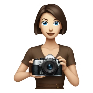 Portrait of stylish woman with blue eyes and chocholate bob hair holding a nikon camera sticker