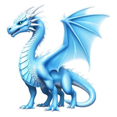 Cinematic Noble elegant Ice Dragon full body Emoji, Poised and imposing, distinct long elegant snout, with a slender, scaled body shimmering in glacial hues of icy blue, frostbitten silver, and crystalline white, breathing out frost, with piercing, glowing eyes that radiate the chilling depths of an arctic storm; rendered in detail. displaying its wings sticker