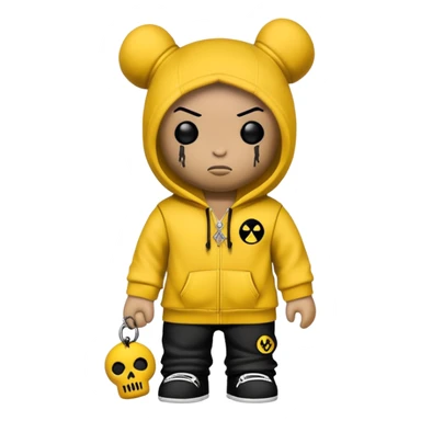 voodoo doll wearing wu-tang clan yellow and black hoodie with W logo sticker