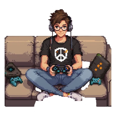 an Overwatch fan sitting on a couch with a controller, looking relaxed sticker