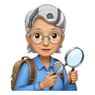 Explorer old woman with magnifying glass and backpack sticker