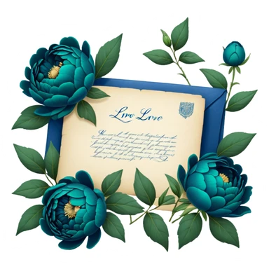A charming arrangement of deep green peonies placed beside an old blue love letter with an intricate navy blue wax seal. sticker