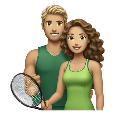 A couple playing tennis. The man is white with straight light brown hair and green eyes. The woman is lighter tan (Latina) with curly dark brown hair and light brown eyes. sticker