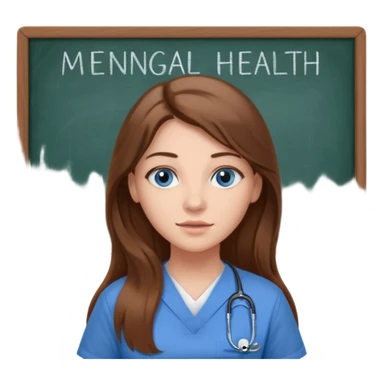 university classroom that says Mental Health Nursing on the blackboard with a pretty female nursing student with long brown hair, blue eyes sticker