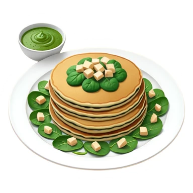 Pancake with cashew, tofu and onion stuffing served with spinach sauce, almond flakes, chives + salad with dressing sticker
