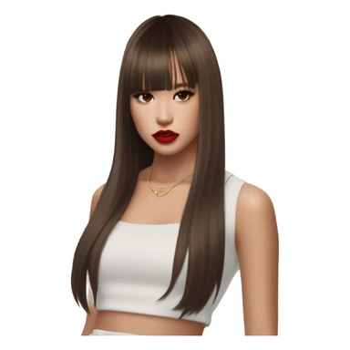 pretty girl with back length hair with curtain bangs styled like Lalisa Style hair during Rockstar MV, brown eyes, red lips, dark chocolate brown hair, hoop earrings sticker