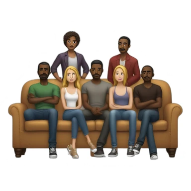 5 afroamerican men standing behind a couch on which a young white woman sits alone sticker
