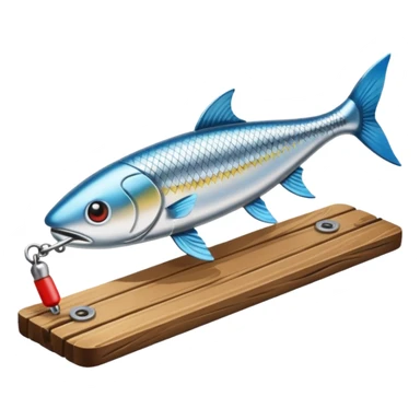 A metal lure set arranged on a wooden plank sticker