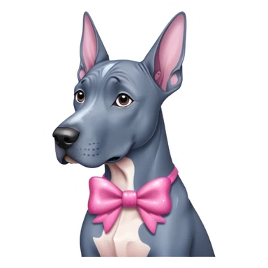 Blue Great Dane dog with a sparkly pink bow on one ear, cute cartoon style sticker