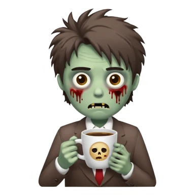 A cute but exhausted office worker character looking like a zombie, holding a giant cup of coffee, dark circles under eyes, messy hair, flat 2D vector art, white background, "Monday Vibes" text. cute sticker
