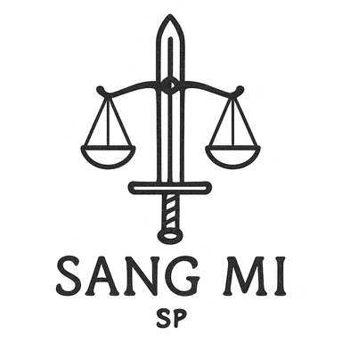 A minimalist emblem for SANG MI with a sleek, modern design. It should include a silhouette of a sword and a balance scale, using a monochromatic color scheme. The emblem should have a small, hidden 'SP' mark to signify the secretive nature of the unit. sticker
