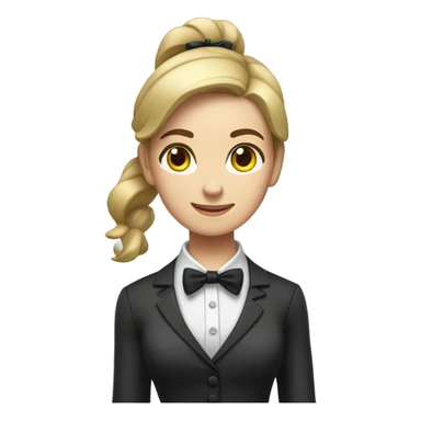 a caucasian female butler with a professional and elegant demeanor. She has her hair neatly tied in a ponytail and wears a classic butler uniform, including a tailored vest, crisp white shirt, and bow tie. sticker