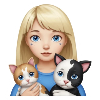 Cute cat black and white stain like a cow in the arms of a blond girl with bangs and blue eyes sticker