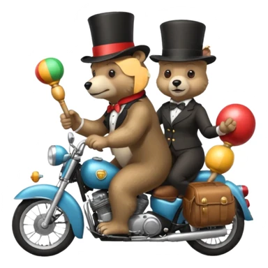 A bear wearing a top hat and holding maracas while on the back of an old lady who is driving a motorcycle sticker