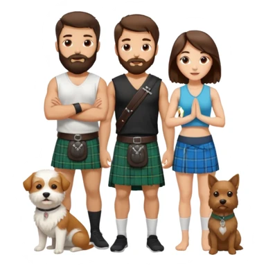 emoji of brunette man with beard wearing kilt, brunette woman in yoga outfit and one white fluffy dog sticker