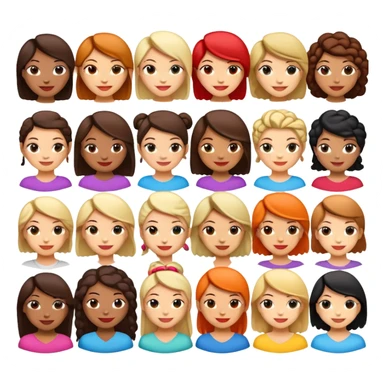 Design a set of emoji-style characters representing diverse women from around the world. Include different skin tones, hairstyles, clothing styles, and cultural backgrounds. Each woman should be smiling or expressing a positive emotion. The emojis should be simple, colorful, and suitable for digital use, with a friendly and inclusive look.” sticker
