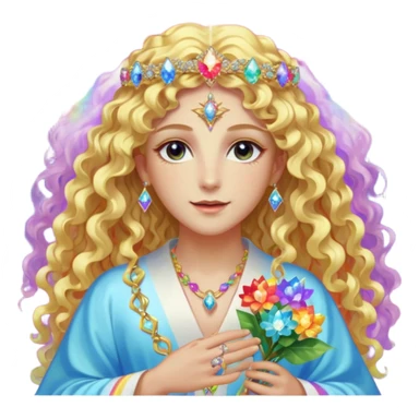 a being made of light pleidian nordic long faces and curly blond hair but beautiful features of light wearing jewels and a rainbow halo like a saint arount herwith a robe on made of light and diamonds semi transparent belly dancer and who is lanky holding a bouquet of crystal flowers on rainbow fire sticker