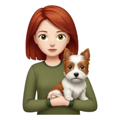Westhighland white terrier dog being held by woman with dark shoulder length red hair and hazel eye wearing olive green top sticker